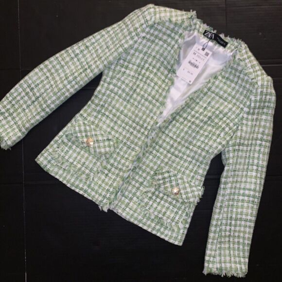 Zara Jackets & Blazers - NWT Zara Tweed Jacket Blazer M GREEN WHITE fringed gold buttons plaid pockets